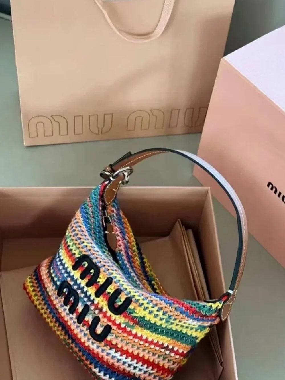 Miu Miu Rainbow Crochet Shoulder Bag with Leather Trim